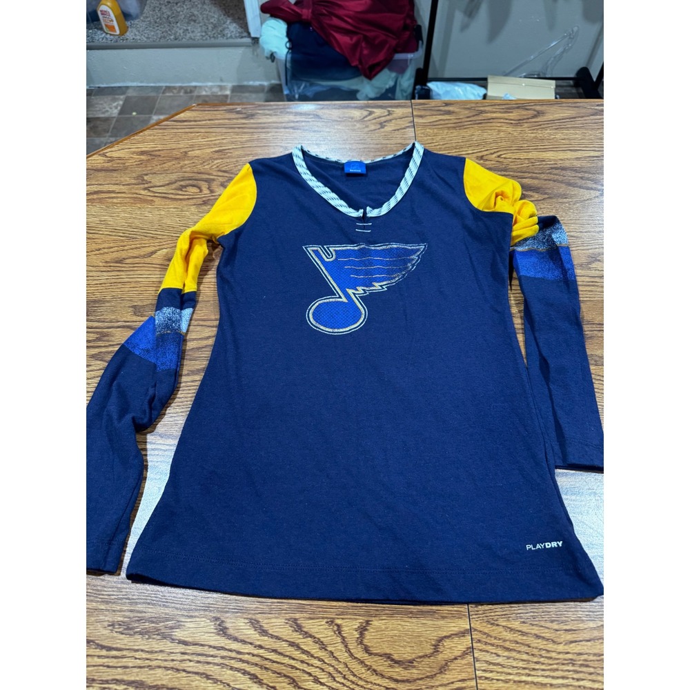 Reebok St Louis Blues David Backes 42 NHL Long Sleeve Shirt Navy Yellow Womens